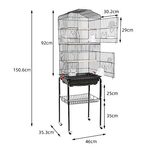 YJIIJY Jaula para Pájaros Portátil con 4 Ruedas giratorias de 360° Soporte Desmontable para Agapornis Cockatiel Conure Pinson y Canaris (46x35.3x150.6cm, Negro)