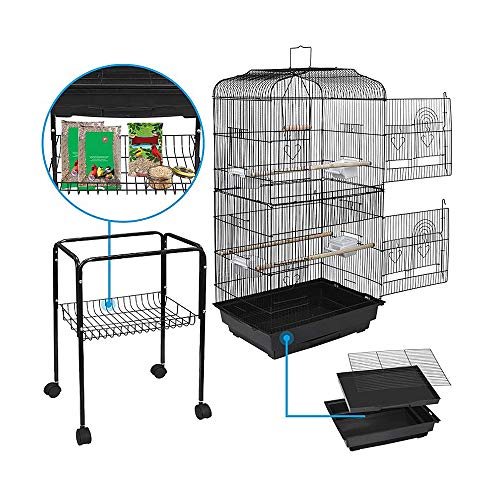 YJIIJY Jaula para Pájaros Portátil con 4 Ruedas giratorias de 360° Soporte Desmontable para Agapornis Cockatiel Conure Pinson y Canaris (46x35.3x150.6cm, Negro)