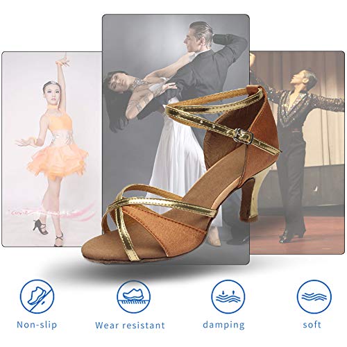 YKXLM Mujeres&Niña Zapatos latinos de baile Zapatillas de baile de salón Salsa Tango Performance Calzado de Danza,ES805-7,Marrón color,EU 36.5