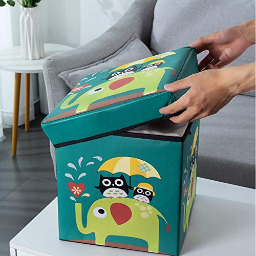 YLLHK Taburete para Niños con Espacio de Almacenamiento, Caja de Almacenamiento de Dibujos Animados para Cuarto, Puede Almacenar Juguetes, Ropa, Libros, 30 * 30 * 30CM,Verde