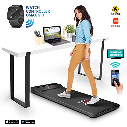 YM - Cinta de correr eléctrica Walking Pad escritorio App Kinomap y Fitshow, reloj mando a distancia Watch Controller, profesional Slim plano Bluetooth para casa y oficina 1,5 HP (pico 2,5 HP)