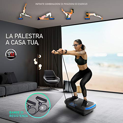 YM Plataforma vibratoria basculante 4D, adelgazante tonificante y reafirmante, intensidad regulable, programas, pantalla táctil, elásticos Fitness + mando a distancia incluidos, 2 motores de 500+300 W