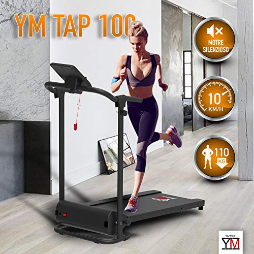 YM TAP100DIM - Cinta de correr eléctrica plegable, 10 km/h, control continuo de velocidad, soporte para tablet y smartphone, alfombra multicapa Maxi-Grip, ahorra espacio, 750 W (1800 W/2,5 HP pico)