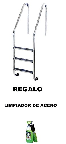 YMBERSA Escalera Piscina estándar 5 Peldaños Antideslizantes. Acero Inoxidable AISI 304 con Anclajes con Toma de Tierra. Regalo Limpiador de Acero