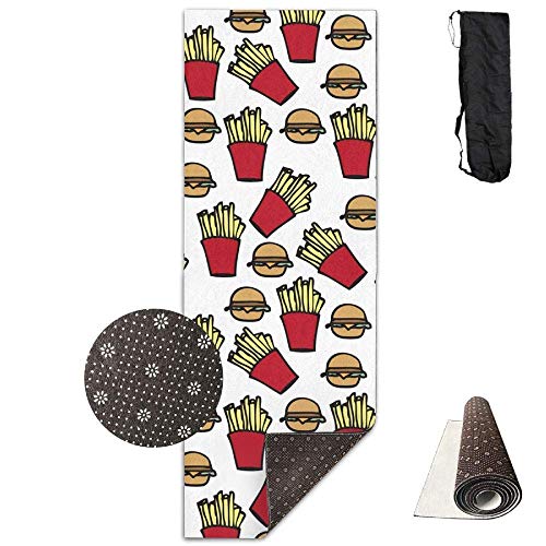Yoga Mat Eco-Friendly Anti Slip Burger And Fries Mat Carrying Strap & Bag Non-Toxic Printedfor Exercise,Yoga and Pilates 71 X 24 Inch