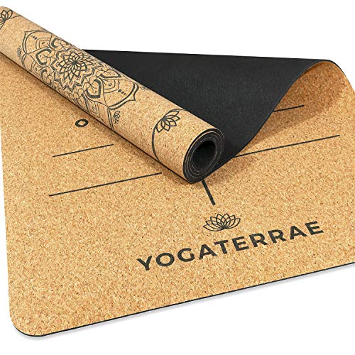 YOGATERRAE Esterilla de Yoga de Corcho Natural y Caucho Natural Antideslizante Gruesa, Sistema de Alineación Original, Dimensiones Óptimas 183×66×0,5cm + Correa de Transporte y Estiramientos