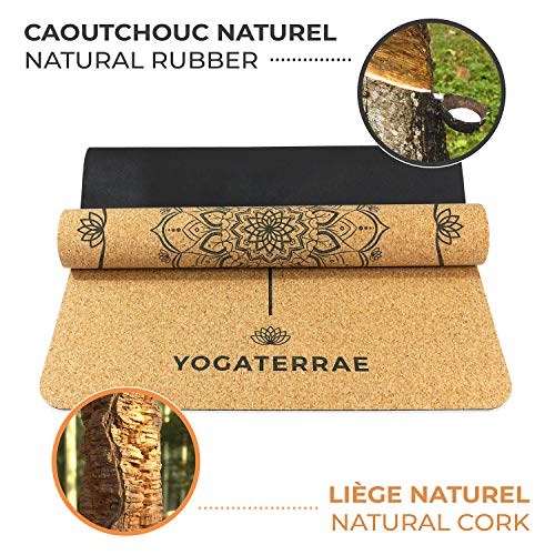 YOGATERRAE Esterilla de Yoga de Corcho Natural y Caucho Natural Antideslizante Gruesa, Sistema de Alineación Original, Dimensiones Óptimas 183×66×0,5cm + Correa de Transporte y Estiramientos