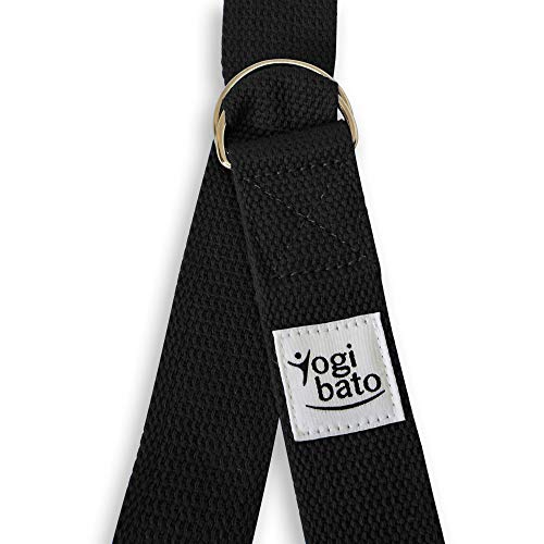 Yogibato Correa para Yoga 100% algodón |240 x 3.8 cm| Hebilla en Forma D – Correa para estiramientos, Pilates, y Terapia Física – Correa de Yoga Ajustable – Negro