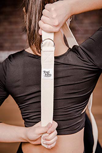 Yogibato Correa para Yoga 100% algodón |240 x 3.8 cm| Hebilla en Forma D – Correa para estiramientos, Pilates, y Terapia Física – Correa de Yoga Ajustable – Natural