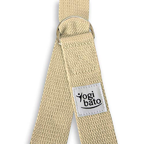 Yogibato Correa para Yoga 100% algodón |240 x 3.8 cm| Hebilla en Forma D – Correa para estiramientos, Pilates, y Terapia Física – Correa de Yoga Ajustable – Natural