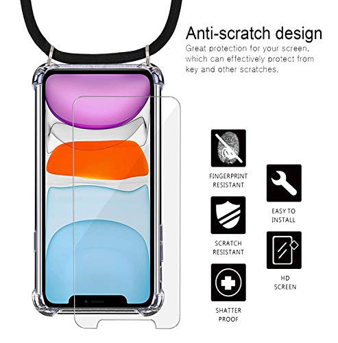 Yohii Funda con Cuerda para iPhone 11 + Protector Pantalla de Cristal Templado, Carcasa Transparente TPU Suave Silicon Colgante Ajustable Collar, Case para iPhone 11 - Negro