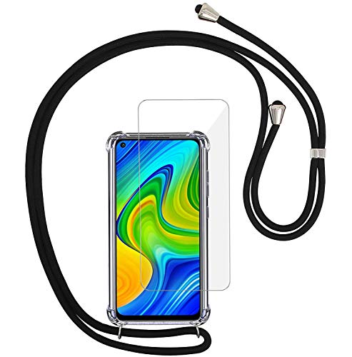 Yohii Funda con Cuerda para Xiaomi Redmi Note 9 + Protector Pantalla de Cristal Templado, Carcasa Transparente TPU Suave Silicon Colgante Ajustable Collar, Case para Xiaomi Redmi Note 9 - Negro