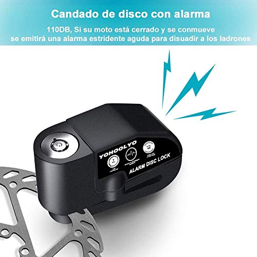 YOHOOLYO Candado de Disco con Alarma 7mm 110DB Dispositivos Antirrobo para Motos Bicicletas