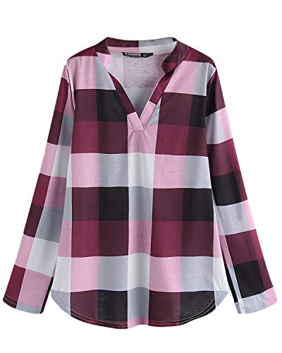 YOINS Blusa Mujer Manga Larga Camiseta Cuello V Camisa Elegante Túnica Casual SueltoTops Otoño Invierno Rosa M