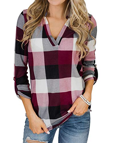 YOINS Blusa Mujer Manga Larga Camiseta Cuello V Camisa Elegante Túnica Casual SueltoTops Otoño Invierno Rosa M