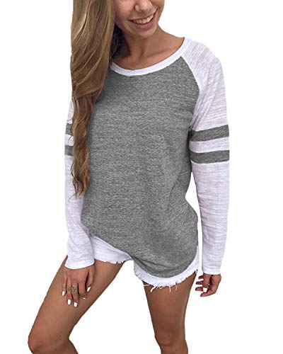 YOINS Camiseta de Manga Larga para Mujer Camisas con Rayas Cuello Redondo Casual Blusas Elegante Tops Gris M