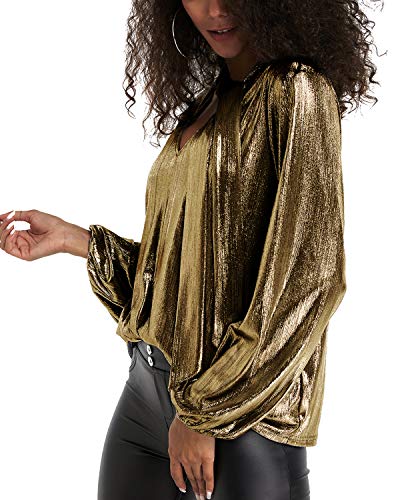 YOINS Camiseta Manga Larga Mujer Camisa Cuello V Blusa Brillante Metálico Sexy Tops Mangas Acampanadas Oro-01 EU36-38