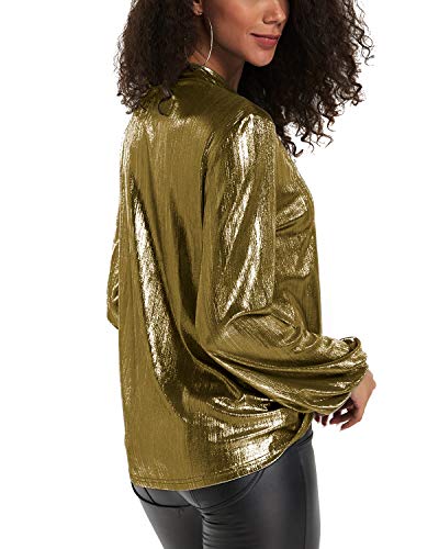 YOINS Camiseta Manga Larga Mujer Camisa Cuello V Blusa Brillante Metálico Sexy Tops Mangas Acampanadas Oro-01 EU36-38 YOINS Camiseta Manga Larga Mujer Camisa Cuello V Blusa Brillante Metálico Sexy Tops Mangas Acampanadas Oro-01 EU36-38