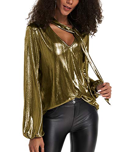 YOINS Camiseta Manga Larga Mujer Camisa Cuello V Blusa Brillante Metálico Sexy Tops Mangas Acampanadas Oro-01 EU36-38 YOINS Camiseta Manga Larga Mujer Camisa Cuello V Blusa Brillante Metálico Sexy Tops Mangas Acampanadas Oro-01 EU36-38