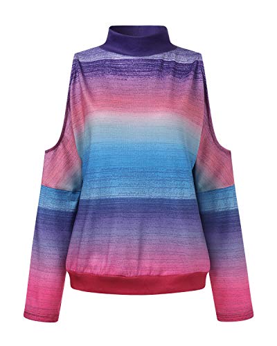 YOINS Camiseta Mujer de Manga Larga Blusa con Hombros Fríos Camisa Casual Camisetas a Rayas Cuello Redondo Imprimiendo Pullover Arcoiris L YOINS Camiseta Mujer de Manga Larga Blusa con Hombros Fríos Camisa Casual Camisetas a Rayas Cuello Redondo Imprimiendo Pullover Arcoiris L