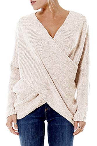 YOINS Jersey Punto Mujer Invierno Suéter Cuello en V Jerséis Manga Larga Camiseta Basico Suelto Cruzado Jerseys Camisa Tops Pull-Over Suéter Mujer Primavera Otoño Beige-Nuevo S