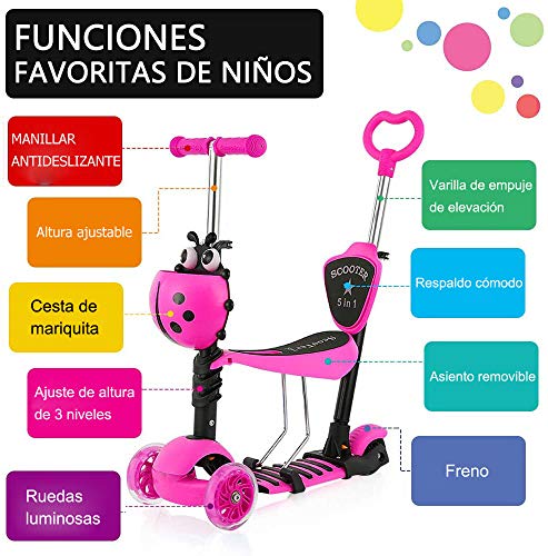 YOLEO Patinete para Niños 5-en-1, Patinete 3 Ruedas LED Parpadeantes, Scooter para Niños con Manillar Ajustable Asiento Extraíble de 2 a 8 años, Carga Máxima de 75 kg, Regalo para Niños (Rosa)