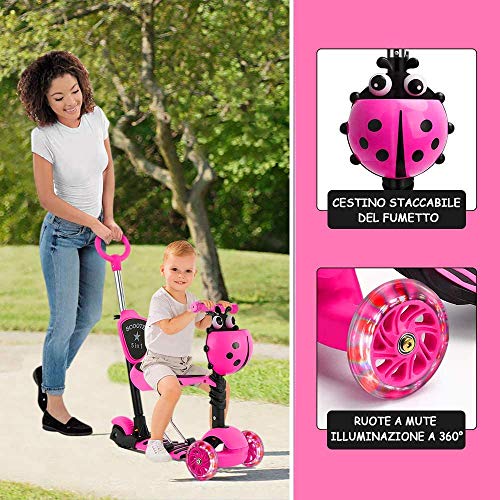 YOLEO Patinete para Niños 5-en-1, Patinete 3 Ruedas LED Parpadeantes, Scooter para Niños con Manillar Ajustable Asiento Extraíble de 2 a 8 años, Carga Máxima de 75 kg, Regalo para Niños (Rosa)