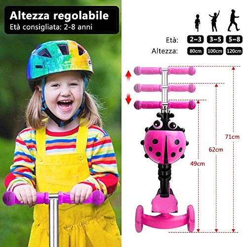 YOLEO Patinete para Niños 5-en-1, Patinete 3 Ruedas LED Parpadeantes, Scooter para Niños con Manillar Ajustable Asiento Extraíble de 2 a 8 años, Carga Máxima de 75 kg, Regalo para Niños (Rosa)