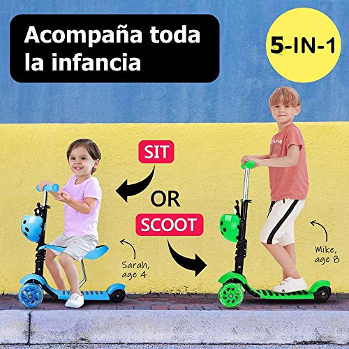 YOLEO Patinete para Niños 5-en-1, Patinete 3 Ruedas LED Parpadeantes, Scooter para Niños con Manillar Ajustable Asiento Extraíble de 2 a 8 años, Carga Máxima de 75 kg, Regalo para Niños (Rosa)