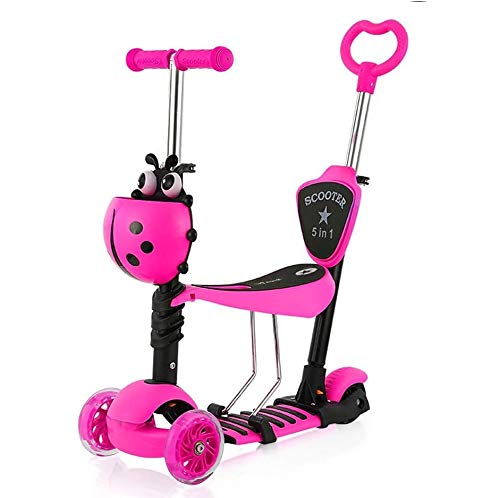 YOLEO Patinete para Niños 5-en-1, Patinete 3 Ruedas LED Parpadeantes, Scooter para Niños con Manillar Ajustable Asiento Extraíble de 2 a 8 años, Carga Máxima de 75 kg, Regalo para Niños (Rosa)