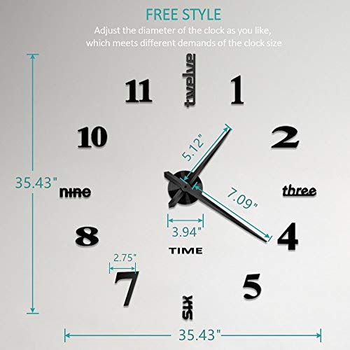 Yolistar DIY Reloj de Pared 3D, Etiqueta de La Pared del Reloj Mudo Moderno, Tamaño Grande, Fácil de Montar, para el Hogar, Oficina, Decoración de Pared del Hotel (Negro)