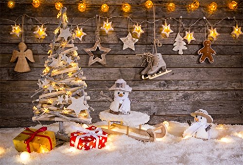 YongFoto 2,2x1,5m Fondo de Fotografia Árbol Navidad Regalos Trineo Muñeco Nieve Luces Brillantes RIC Tablón Madera Pesada Nieve Navidad Telón de Fondo Fiesta Niños Boby Estudio Fotográfico Accesorios