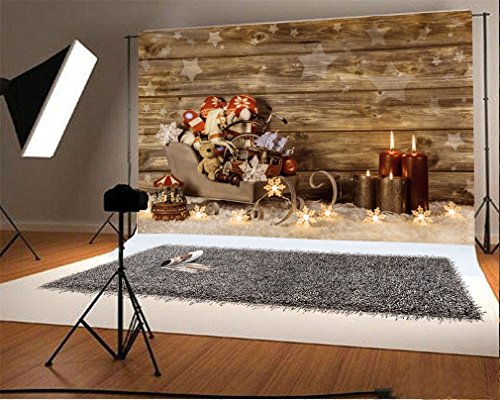 YongFoto 3x2m Fondo de Fotografia Navidad Regalos Juguetes Trineo Velas Cadena Brillante Copos Nieve Luces Estrella Nieve RIC Piso Madera Interior Navidad Telón de Fondo Fiesta Estudio Fotográfico