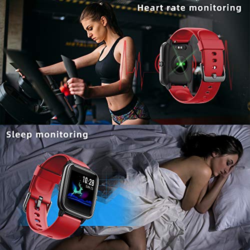 YONMIG Reloj Inteligente Mujer y Hombre, Smartwatch Impermeable IP68 Pulsera Actividad Deportivo con Monitor de Sueño, Pulsómetro, Pantalla Táctil Completa Reloj Fitness para Android y iOS (Rojo)