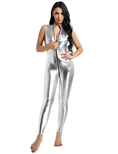 YOOJIA Body Cuero Mujer Mono Metálico Brillante Catsuit Push Up Maillot de Charol Bodycon con Cremallera Traje Bailarina Discoteca Plateado Medium YOOJIA Body Cuero Mujer Mono Metálico Brillante Catsuit Push Up Maillot de Charol Bodycon con Cremallera Traje Bailarina Discoteca Plateado Medium