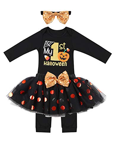 YOOJIA Conjunto de Halloween para Bebe Niña Vestido de Halloween Niñas my First Halloween Conjunto de Ropa Vestido Calabaza de Lunares Disfraz para Fiesta Negro 9-12 Months