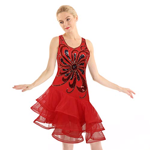 YOOJIA Mujer Vestido Danza Latina Vestido Baile de Salsa Lentejuelas Brillante Falda Asimétrica Chica Traje Lujoso Bailarina Rendimiento Adulto Rojo Large