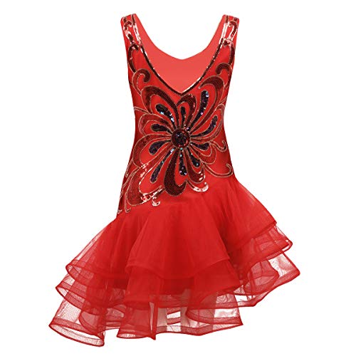 YOOJIA Mujer Vestido Danza Latina Vestido Baile de Salsa Lentejuelas Brillante Falda Asimétrica Chica Traje Lujoso Bailarina Rendimiento Adulto Rojo Large