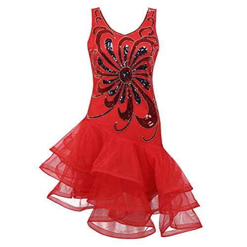 YOOJIA Mujer Vestido Danza Latina Vestido Baile de Salsa Lentejuelas Brillante Falda Asimétrica Chica Traje Lujoso Bailarina Rendimiento Adulto Rojo Large