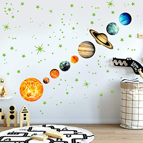 Yosemy Luminoso Pegatinas de Pared 9 Planetas Estrellas Pegatinas Luminoso para Niños Infantil Sistema Solar Fluorescente Adhesivos Decoración para Dormitorio