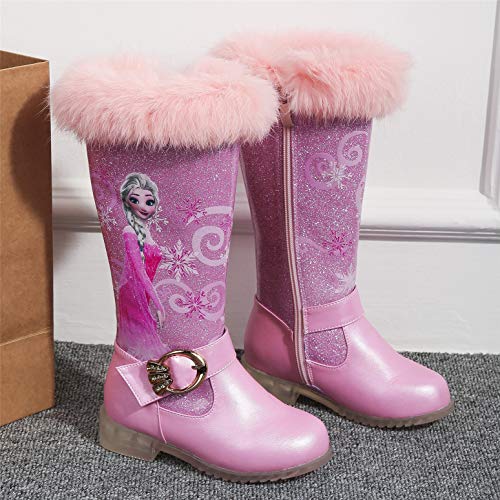 YOSICIL Botas de Invierno Ligero para niñas Zapatos de Princesa Elsa Frozen con Forro Cálido Botas de Nieve de Tacón Alto Antideslizantes para Fiesta Cumpleaños Boda Infantil 3-14 Años