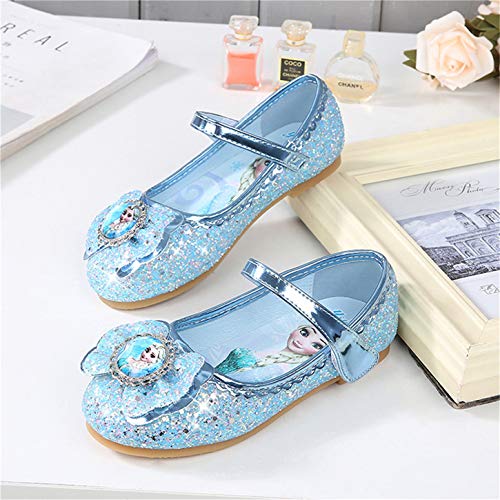 YOSICIL Zapatos de la Princesa Elsa niñas con Lentejuela Zapato de Disfraz Elsa Frozen de Princesa Disfraz Sandalias con Velcro Tacón Zapatos de Fiesta Halloween Cumpleaños Azul EU22-35