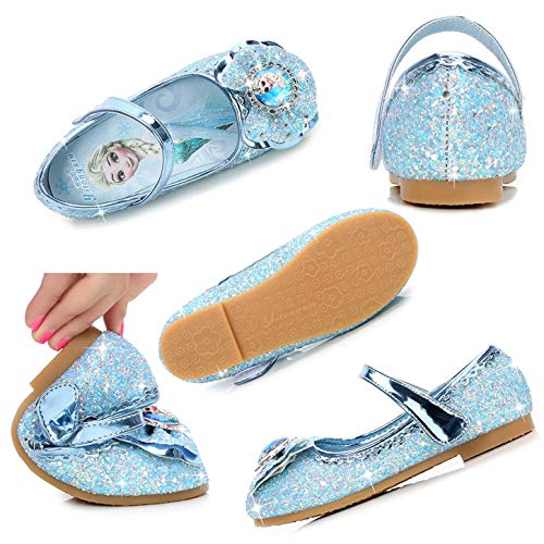 YOSICIL Zapatos de la Princesa Elsa niñas con Lentejuela Zapato de Disfraz Elsa Frozen de Princesa Disfraz Sandalias con Velcro Tacón Zapatos de Fiesta Halloween Cumpleaños Azul EU22-35