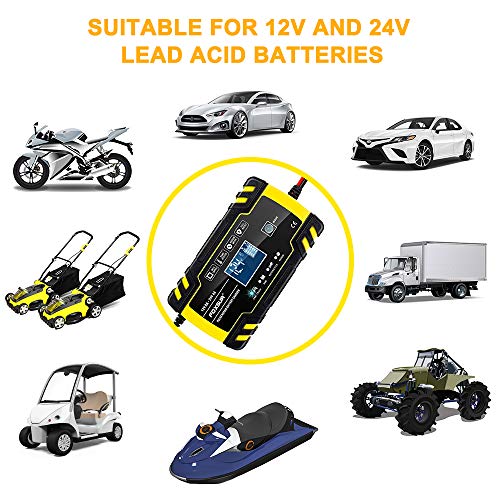 yotame Cargador de Batería Coche Moto Rápido 12V /24V 8A Automático Inteligente Mantenimiento de Batería con Pantalla LCD y Múltiples Protecciones para Coche Moto Barco