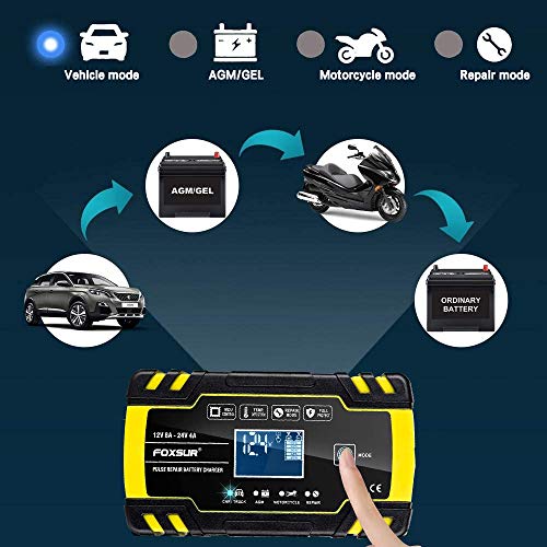 yotame Cargador de Batería Coche Moto Rápido 12V /24V 8A Automático Inteligente Mantenimiento de Batería con Pantalla LCD y Múltiples Protecciones para Coche Moto Barco