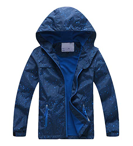 YoungSoul Chaqueta Impermeable para Niños - Cortavientos con Forro Polar y Capucha- Abrigo Deportivo Primavera Otoño, Azul Oscuro, 11-12 años/150