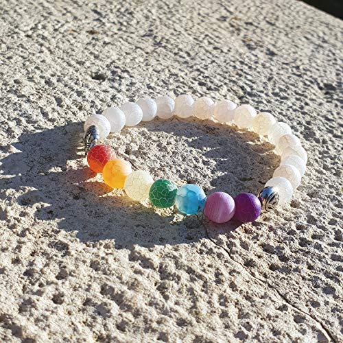 YouOne Pulsera de Mujer Hombre Unisex 7 Chakras Piedra Lava Natural Preciosa Original con Banda elástica Perfecto Regalo joyeria Madre, Reiki, Amuleto de curación y Yoga Estilo Budista Tantra (White)