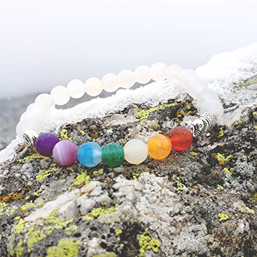 YouOne Pulsera de Mujer Hombre Unisex 7 Chakras Piedra Lava Natural Preciosa Original con Banda elástica Perfecto Regalo joyeria Madre, Reiki, Amuleto de curación y Yoga Estilo Budista Tantra (White)