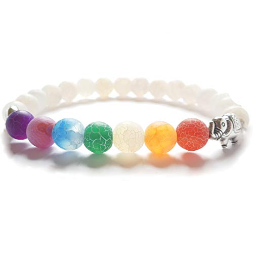 YouOne Pulsera de Mujer Hombre Unisex 7 Chakras Piedra Lava Natural Preciosa Original con Banda elástica Perfecto Regalo joyeria Madre, Reiki, Amuleto de curación y Yoga Estilo Budista Tantra (White)