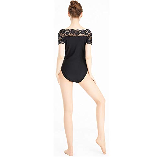 YOUYE Negro Mujeres clásico de Manga Corta de Encaje Leotards Girls Spandex Lycra Ballet de Baile Leotards Monos Team Stage Dancewear,L